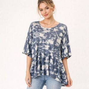 Bluivy Blue White Tie Dye Babydoll Top Sz M Flowy Boho Peplum Blouse T